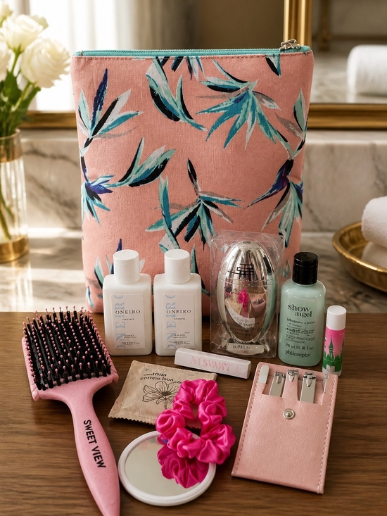 Other - Pink Floral Cosmetic Bag with Bath & Body Essentials